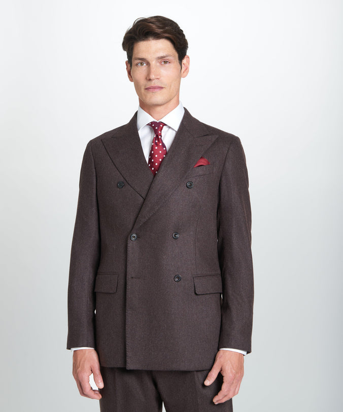 Brown Tailored Fit Twill Flannel Stretch Double Breasted Jacket