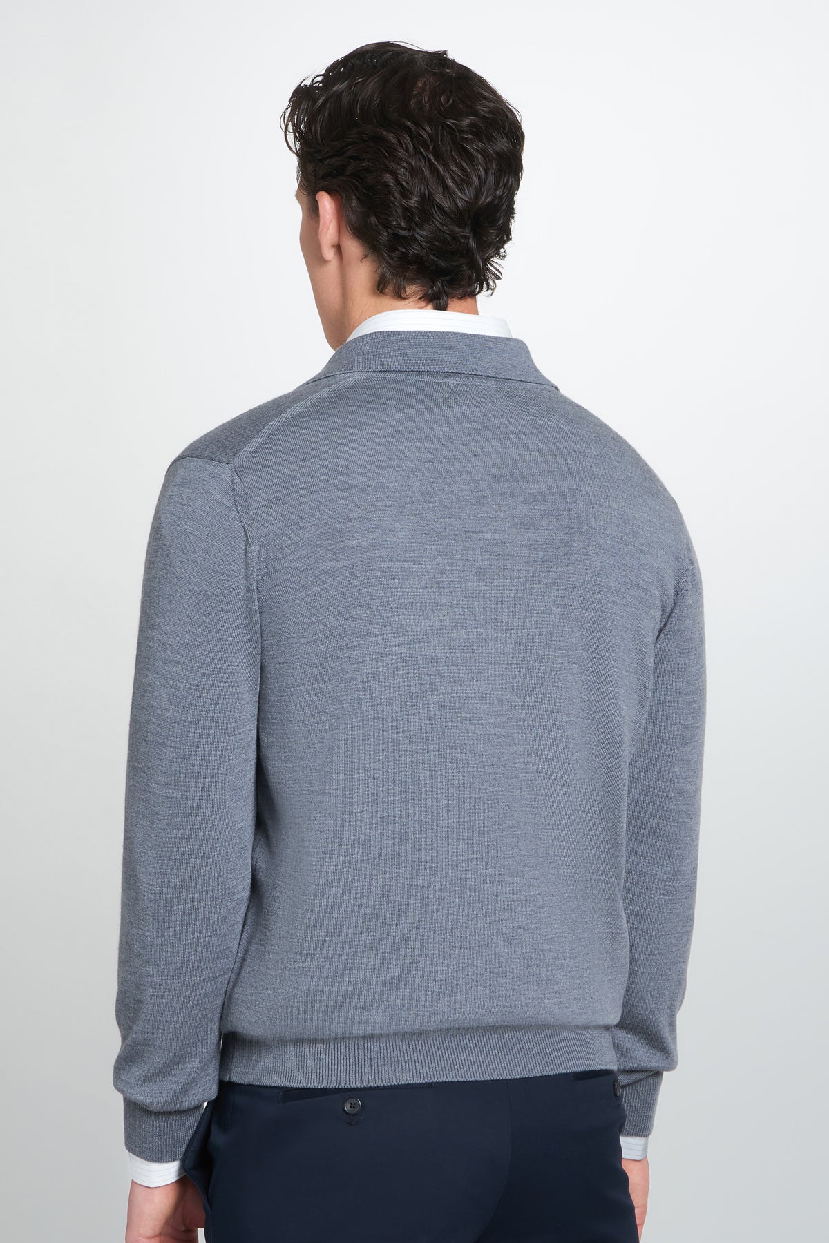 Pale Grey Merino Wool Long Sleeve Polo Shirt