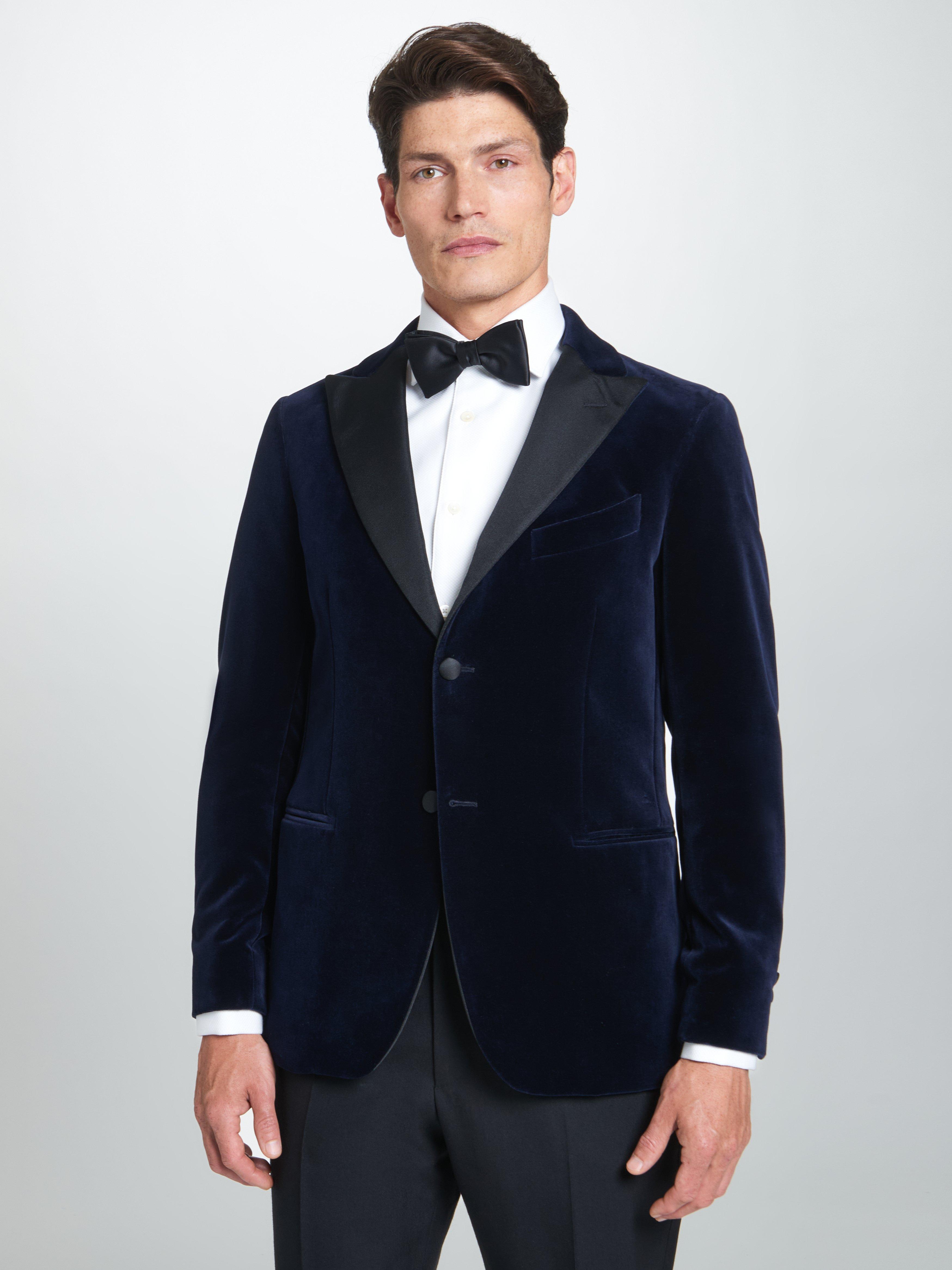 Navy Tailored Fit Velvet Peak Lapel Evening Jacket – Thomas Pink