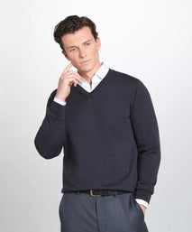 Grey Merino Wool V-Neck Sweater