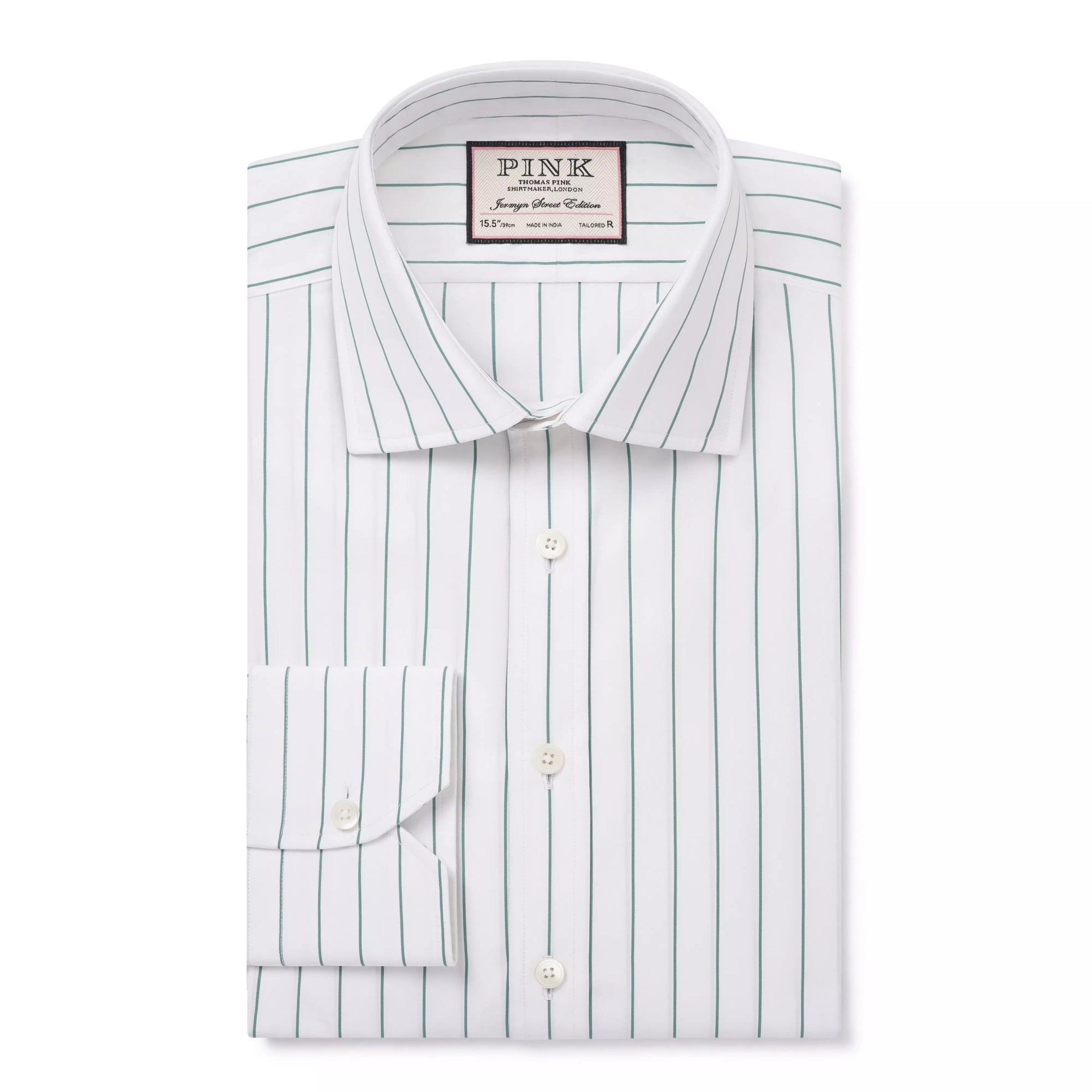 White & Green Tailored Fit Formal Wide Pin Stripe Shirt