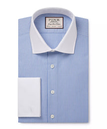 Pale Blue & White Tailored Fit Double Cuff Dandy Stripe Formal Shirt